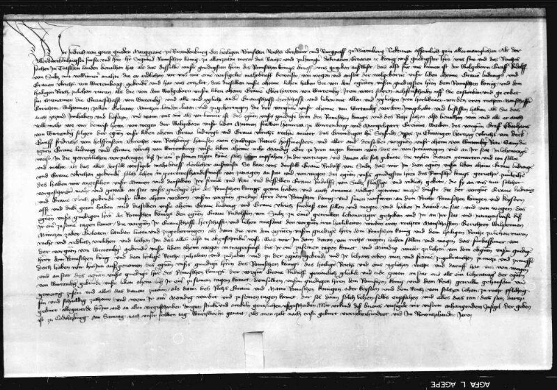 Markgraf Friedrich von Brandenburg anstatt König Sigmunds belehnt den Grafen Rudolf von Sulz als Träger der Grafen Ludwig I. und Ulrich V. mit den Reichslehen und Regalien.