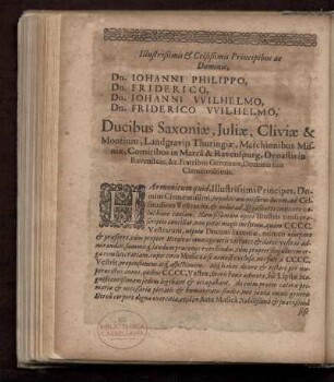Dedikation an Johann Phillipp, Friedrich, Johann Wilhelm und Friedrich Wilhelm, Grafen zu Sachsen, von Georg Engelmann