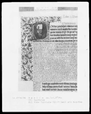 Martianus Capella, De nuptiis und Boethius, De consolatione philosophiae mit Kommentar — Initiale P(ost hec) mit Teilbordüre, Folio 106verso
