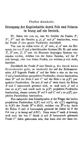 Fünfter Abschnitt - Erzeugung der Kegelschnitte durch Pole und Polaren in bezug auf ein Dreieck.