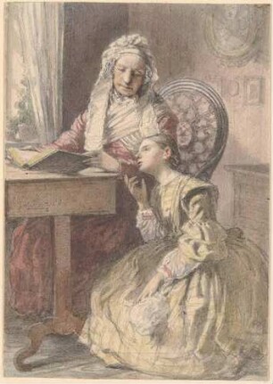 Mädchen neben einer lesenden Dame kniend