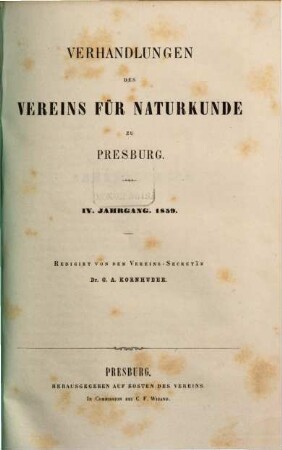 Verhandlungen des Vereins für Naturkunde zu Presburg, 1859 = Jg. 4