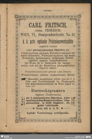 Carl Fritsch, Wien empfiehlt hiermit seine photographischen Objective
