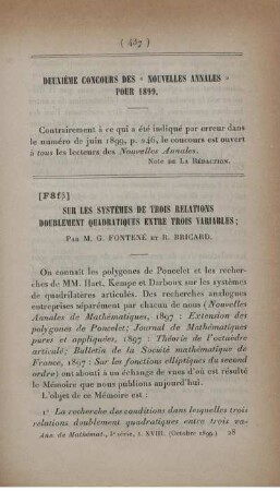 Deuxième concours des "Nouvelles Annales" pour 1899.