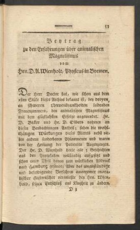 Beytrag zu den Erfahrungen über animalischen Magnetismus vom Hrn. D. U. Wienholt, Physicus in Bremen