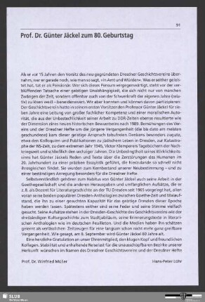 Prof. Dr. Günter Jäckel zum 80. Geburtstag