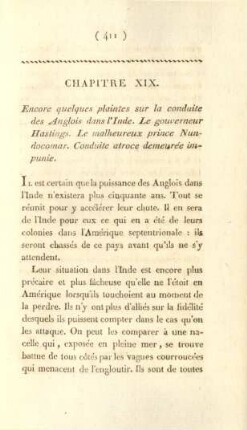 Chapitre XIX. Encore quelques plaintes sur la conduite des Anglois dans l'Inde. Le gouverneur Hastings ...