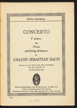 Concerto : F minor : for piano and string orchestra