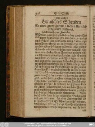 Ein ander Gemischtes Schreiben An einen guten Freund, wegen Unterlassung seiner Antwort.