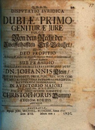 Diss. iur. de dubiae primogeniturae iure