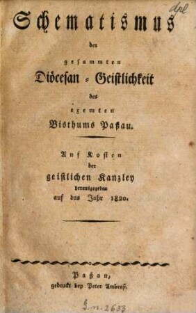 Schematismus des Bistums Passau. 1820
