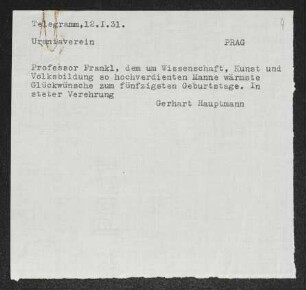 Brief von Gerhart Hauptmann an Oskar Frankl