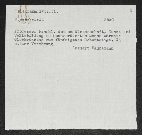 Brief von Gerhart Hauptmann an Oskar Frankl