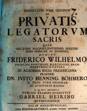 Dissertatio Ivris Gentivm De Privatis Legatorvm Sacris