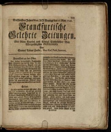 Num. XCI. Freytags den 11. Nov. 1740 - Num. C. Dienstags den 13. Dec. 1740