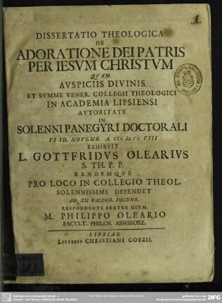 Dissertatio Theologica De Adoratione Dei Patris Per Jesum Christum