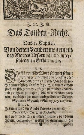 Kern unterschiedener Rechte, 1. Absonderlich Das Tauben- Wie auch Bienen- oder Immen-Recht