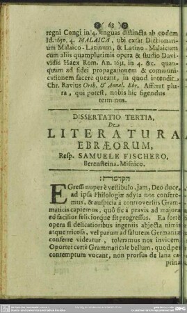 Disquisitio Tertia, De Literatura Ebraeorum, Resp. Samuele Fischero, Berensteina-Misnico