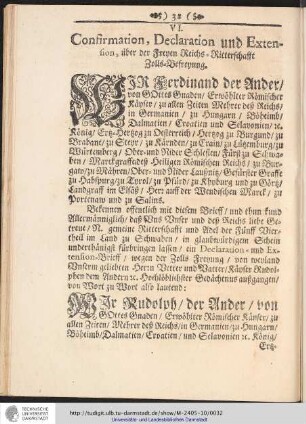 VI. Confirmation, Declaration und Extension, über der Freyen Reichs-Ritterschafft Zolls-Befreyung.