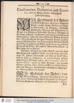 VI. Confirmation, Declaration und Extension, über der Freyen Reichs-Ritterschafft Zolls-Befreyung.