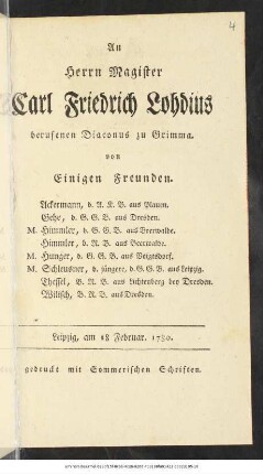 An Herrn Magister Carl Friedrich Lohdius berufenen Diaconus zu Grimma