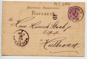 "Deutsche Reichspost. Postkarte." Absender: Peter Kühnle, Mannheim, Empfänger: Heinrich Staab jr., Heilbronn. Heilbronner Posteingangsstempel