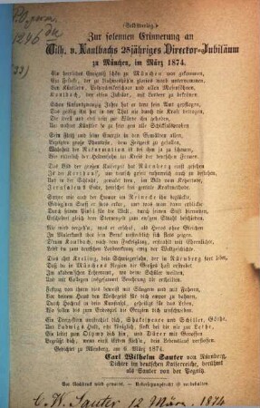 Zur solennen Erinnerung an Wilh. v. Kaulbachs 25jähriges Director-Jubiläum zu München, im März 1874