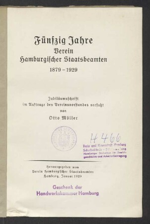 Fünfzig Jahre Verein Hamburgischer Staatsbeamten 1879 - 1929 : Jubiläumsschrift ; im Auftrag des Vereinsvorstandes verfaßt
