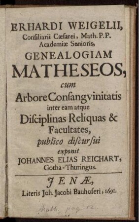 Erhardi Weigelii Genealogiam Matheseos : cum arbore consanguinitatis inter eam atque disciplinas reliquas & facultates