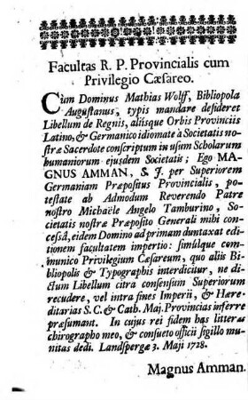 Facultas R. P. Provincialis cum Privilegio Caesareo [Privilegium Caesareum]