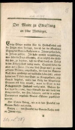 Der Maire zu Straßburg an seine Mitbürger