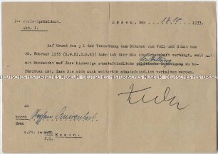 Inhaftierungsbescheid des Essener Polizeipräsidiums für einen Journalisten wegen staatsfeindlicher Einstellung