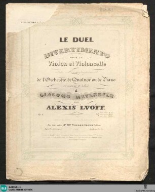 Le duel divertimento pour le violon et violoncelle : avec accompagnement de l'orchestre, de quatuor ou de piano; op. 8