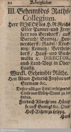 III. Geheimbdes Raths-Collegium