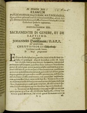 Disputationem XXII. De Sacramentis in Genere, Et De Baptismo.