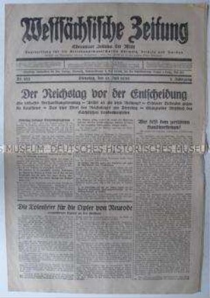 Regionale Tageszeitung "Westsächsische Zeitung" u.a. zur Reichstagssitzung