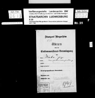 Kahn, Hugo; Manufakturwarenhändler *18.07.1884 Steinbach Kahn, Berta geb. Jonas [1940 ausgewandert] Wohnort. Bad Mergentheim