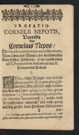 Praefatio Cornelii Nepotis, Vorrede des Cornelius Nepos/