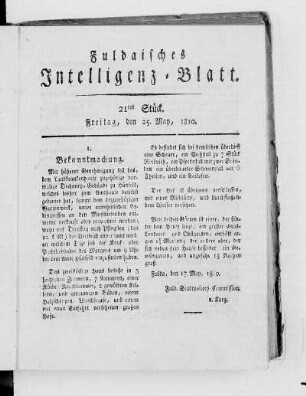 21tes Stück, Ausgabe vom 25. May 1810
