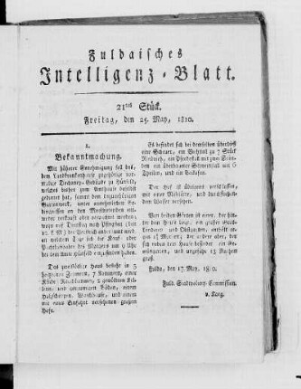 21tes Stück, Ausgabe vom 25. May 1810