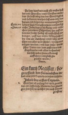 Ein kurtz Register/ begreyffend den fürnembsten inhalt eins jede[n] Capitels in disem büchlin.