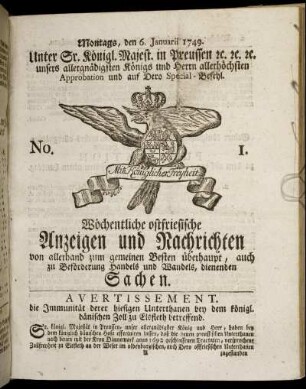 No. 1. Montags, den 6. Januarii 1749.