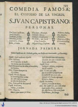 Comedia Famosa, El Custodio De La Ungria, S. Juan Capistrano.