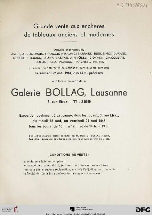 Grande vente aux enchères de tableaux anciens et modernes : oeuvres importantes de Amiet, ... provenant de différentes collections ; le 22 Mai 1943