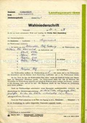 Protokoll zur Landtagswahl 1946 in der Gemeinde Schönermark - Sachkonvolut