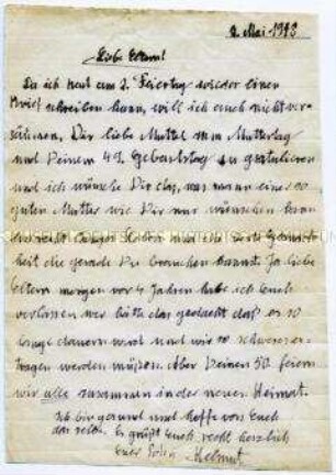 Brief aus sowjetischer Kriegsgefangenschaft an die Eltern mit Grüßen zum Muttertag - Personenkonvolut