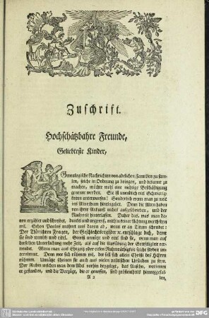 Zuschrift. Hochschätzbahre Freunde, Geliebteste Kinder, ...