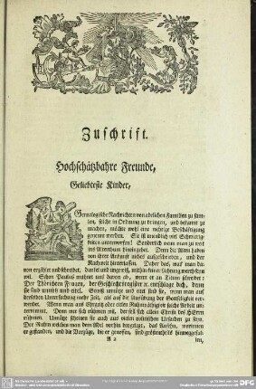 Zuschrift. Hochschätzbahre Freunde, Geliebteste Kinder, ...