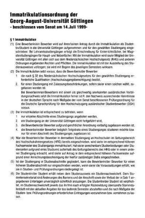 Immatrikulationsordnung der Georg-August-Universität Göttingen