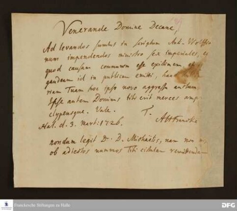 Brief von August Hermann Francke an Joachim Lange.